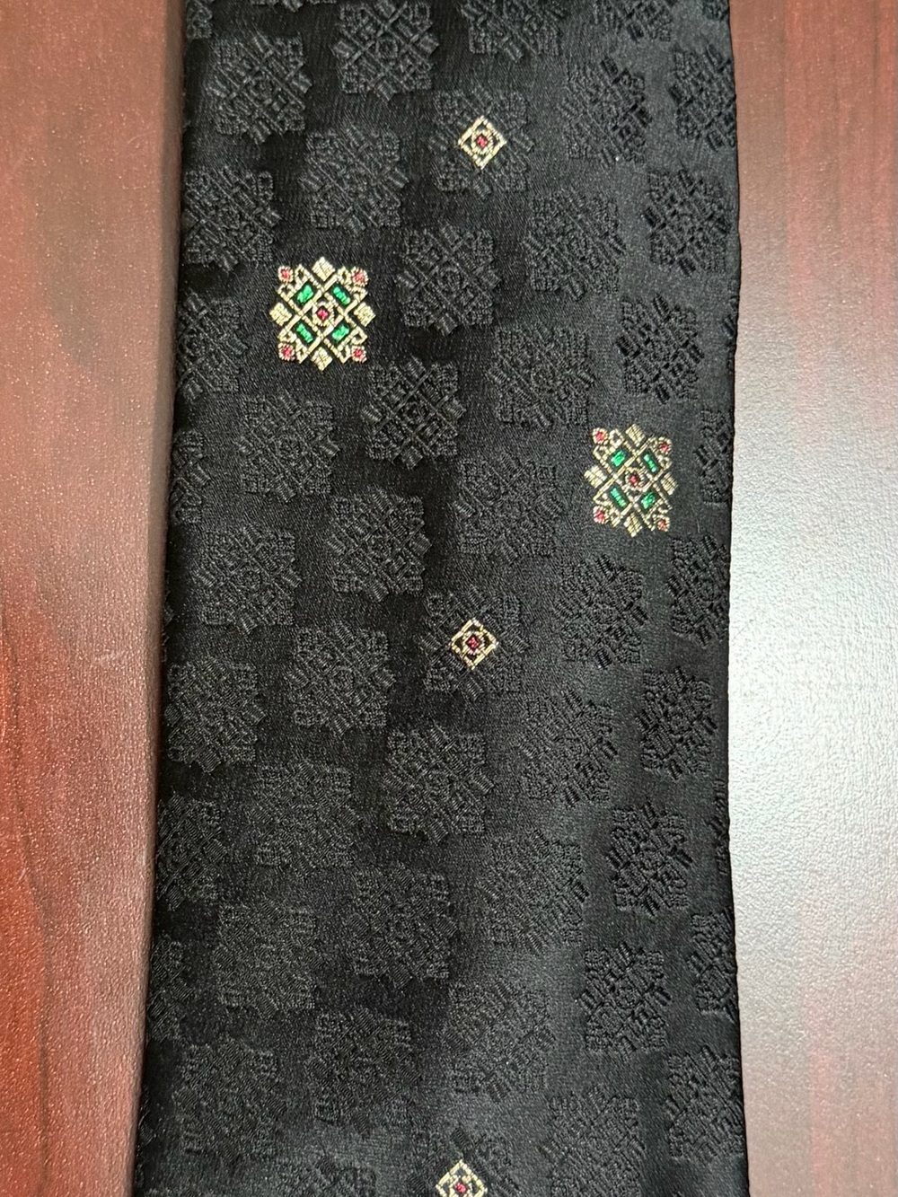 Brioni Black Jacquard Tie with Multicolor Embroidered Motifs